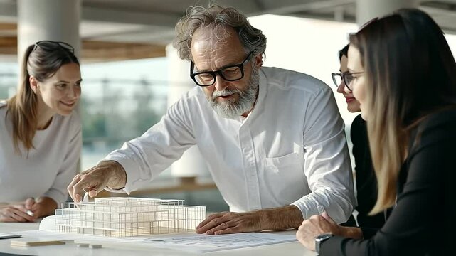 Architect Consulting with Clients Over Blueprints and 3D Model