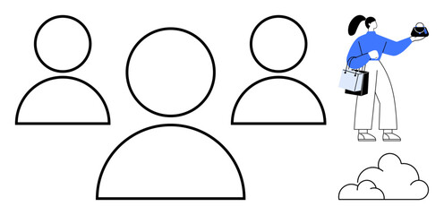 Simplified user icons represent a team concept, while a businesswoman operates a tablet with clouds symbolizing innovation and connectivity. Ideal for teamwork, leadership, networking, digital