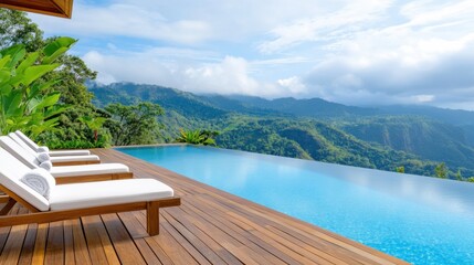 Experience relaxation at a stunning infinity pool in a mountainside resort overlooking a lush valley and tropical greenery