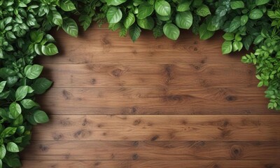 Top view of wood table with defocused green foliage, green, top view