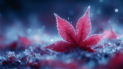 A single maple leaf encased in a block of ice, symbolizing the passage of time, preservation, and nature's resilience. The blurred background adds depth, with an empty space for captions