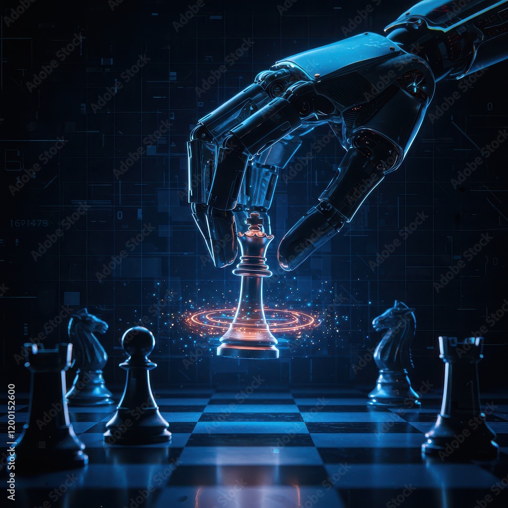 Poster an ai hand moves a king on a chessboard, representing the connection between artificial intelligence