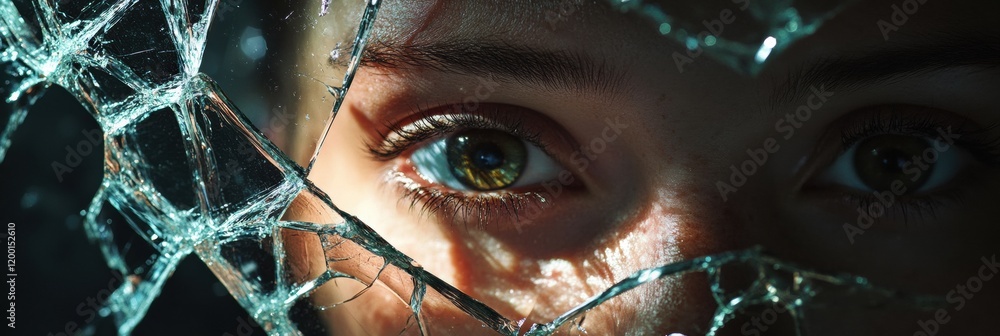 Fototapete Reflection of a persons eye in shattered glass creating a scene of fragmentation and introspection. Generative AI