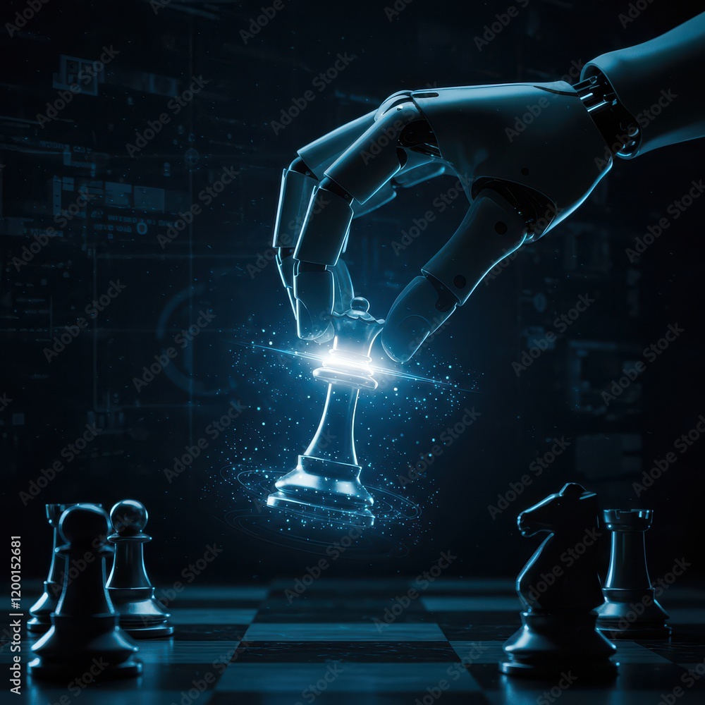 Poster an ai hand moves a king on a chessboard, representing the connection between artificial intelligence