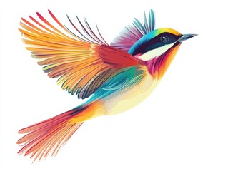 Obraz premium A vibrant illustration of a tropical bird with intricate feather details, perched mid-air in an energetic pose, clear white background emphasizing the subject's vivid colors and contours