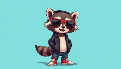 Fototapeta premium Whimsical cartoon-style raccoon in sunglasses and headphones, cheerful and playful, dressed in a leather jacket and sneakers, against a solid pastel blue background