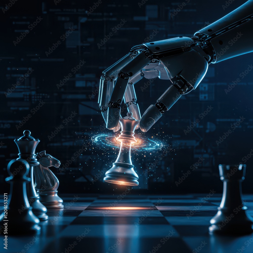 Poster an ai hand moves a king on a chessboard, representing the connection between artificial intelligence