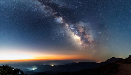 milky way and stars galaxy across the night sky image contain noise due to long exposure and high...