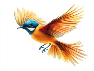 Obraz premium A vibrant illustration of a tropical bird with intricate feather details, perched mid-air in an energetic pose, clear white background emphasizing the subject's vivid colors and contours