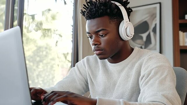 1_Student Taking Online Exam at Home with Headphones