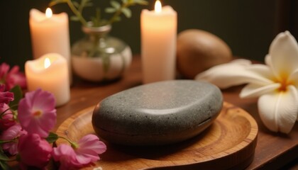 Gua Sha stone on wooden tray with candles and fresh flowers