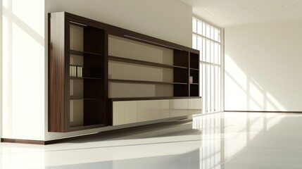Fototapeta premium A contemporary office wall unit in soft beige and dark oak with integrated storage and display shelves