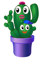 Green cacti with eyes and smiles in a flower pot with a pink flowering. Cacti - characters mom and child. Cacti smilies linear image with gradient. Illustration for children	