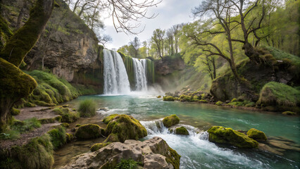 Fototapeta premium Scenic Waterfall in Lush Green Forest