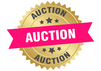auction. auction round pink and gold label isolated on transparent background