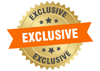 exclusive. exclusive round orange and gold label isolated on transparent background