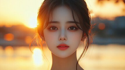 A beautiful Korean girl with flawless skin, wearing an open shirt, gazes innocently at the camera with long hair flowing, reflecting pastel sunset colors on a bridge over water in a European setting

