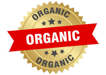 organic. organic round red and gold label isolated on transparent background