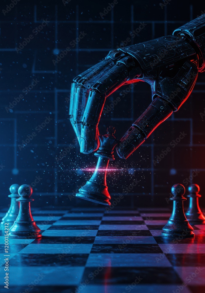 Poster an ai hand moves a king on a chessboard, representing the connection between artificial intelligence