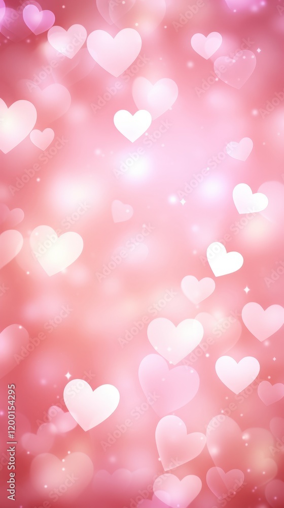 Poster soft pink heart background with floating hearts and bokeh effect
