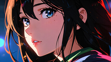 Anime-Style Portrait of a Girl in Vibrant Lighting