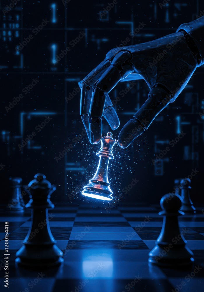 Poster an ai hand moves a king on a chessboard, representing the connection between artificial intelligence