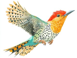A vibrant illustration of a tropical bird with intricate feather details, perched mid-air in an energetic pose, clear white background emphasizing the subject's vivid colors and contours