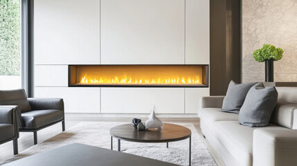Modern living room with burning fireplace providing warmth and comfort