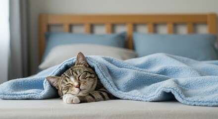 Tabby cat sleeping peacefully under blue blanket on bed