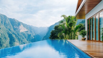 Obraz premium Infinity pool at a mountainside resort overlooking lush valley and dramatic landscape with tropical plants and teak decking
