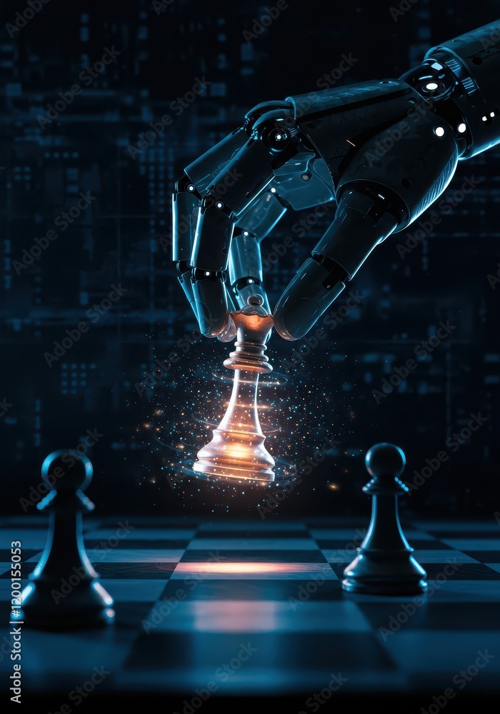 Poster an ai hand moves a king on a chessboard, representing the connection between artificial intelligence