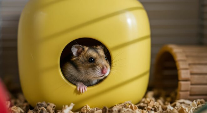 Curious hamster peeking from yellow hideout in cage with bedding