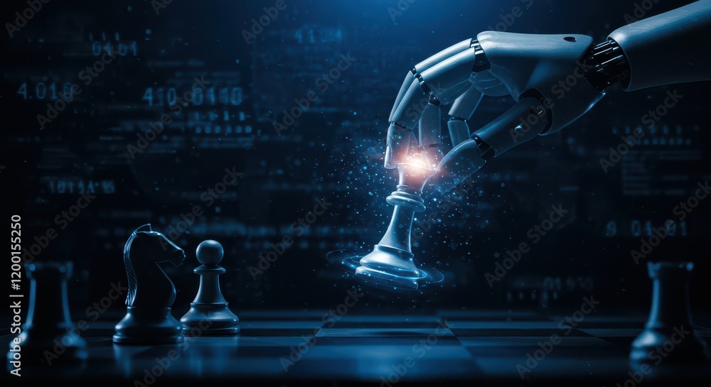 Poster an ai hand moves a king on a chessboard, representing the connection between artificial intelligence