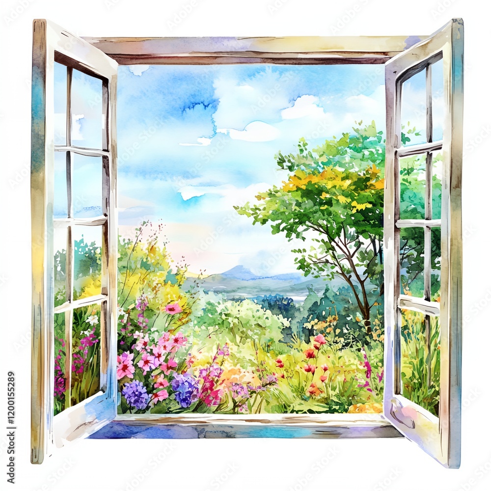 Poster window with a view of a lush green field and a tree