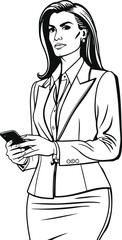 only line art in a bold line of a successful businesswoman in business clothes using a Phone with no color background 8.eps