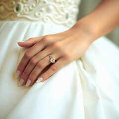 Close view of the manicured hand and fingernails of a bride in white wedding dress with a delicate ring on her ring finger