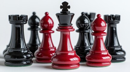 Unique arrangement of black chess pawns with a striking red king in the center on white background