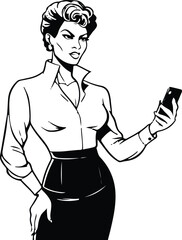 only line art in a bold line of a successful businesswoman in business clothes using a Phone with no color background.eps