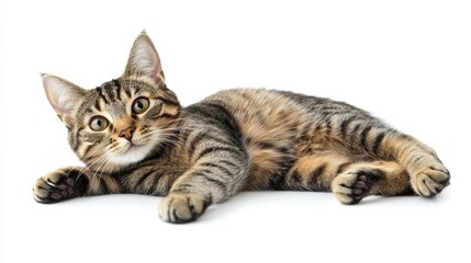 Obraz premium A relaxed cat lounging with its paws stretched forward, isolated on white,