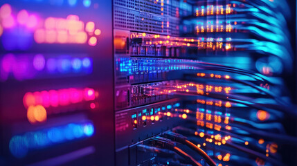 High tech server room with colorful fiber optic cables