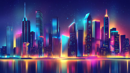 Vibrant fantasy city skyline illuminated by glowing neon lights futuristic environment aesthetic viewpoint urban concept. Urban Neon Aesthetic. Illustration