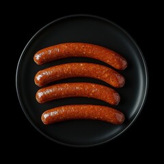 Four uncooked sausages arranged neatly on a black plate ready for cooking