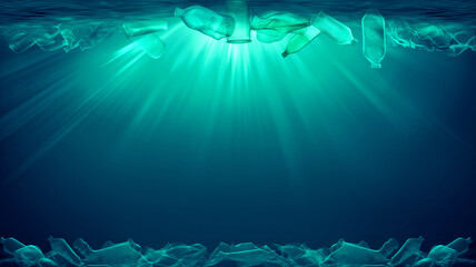 Plastic pollution in ocean: underwater perspective of bottles and waste