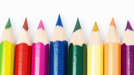 Vibrant colored pencils arranged in a row showcasing an array of vivid hues in studio light