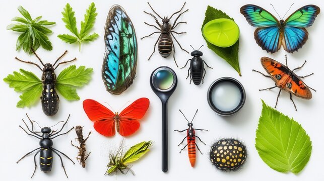 Collection of Colorful Insects and Leaves Displayed on White Background for Educational Purposes