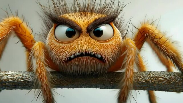 This hilarious cartoon features an angry tarantula perched on a branch in a colorful jungle. The oversized eyes and exaggerated expressions add to the humor in this lively environment.