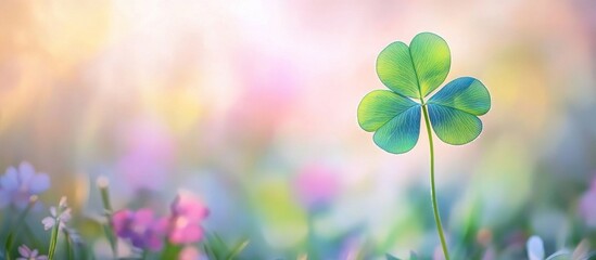 Clover in pastel meadow, spring; luck, hope
