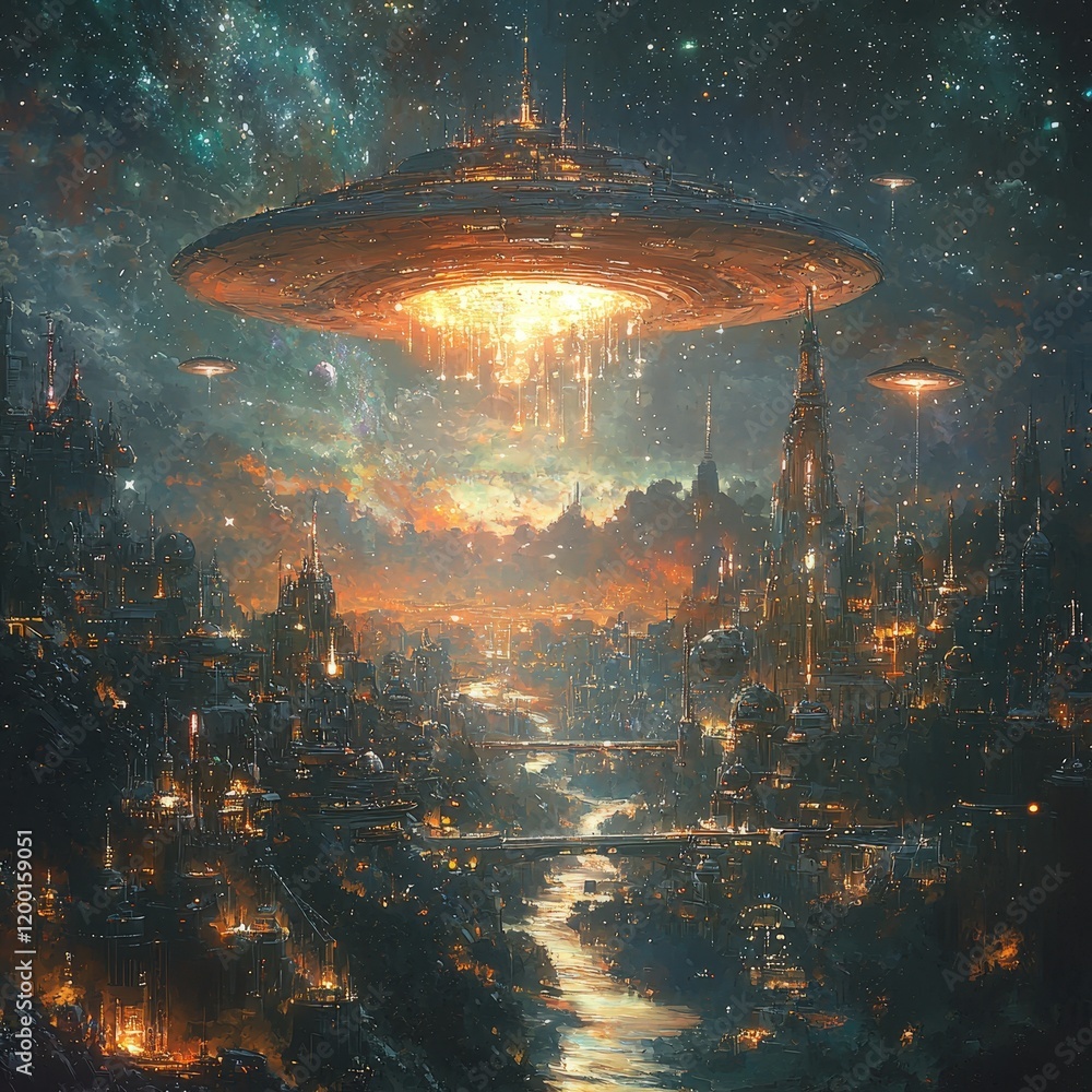 Poster a futuristic city illuminated by a massive hovering spaceship showering light onto a river flowing t