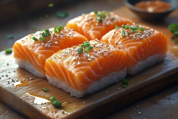 Sushi featuring salmon on a wooden board with garnishes and sauce