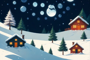winter landscape with houses and trees covered by snow, night sky background, design illustration wallpaper 
